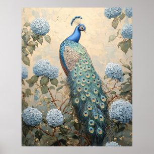 Elegante Pauw met Blauwe Hortensia's Olie Schilder Poster
