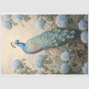 Elegante Pauw met Blauwe Hydrangeas Olieverf Tissuepapier