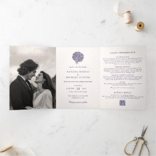 Elegante Pauw Midnight Blue Wedding Drieluik Uitnodiging