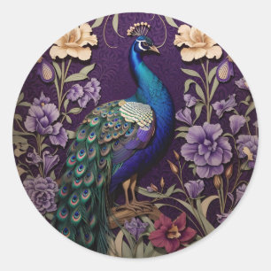 Elegante pauw op Paarse William Morris geïnspireer Ronde Sticker