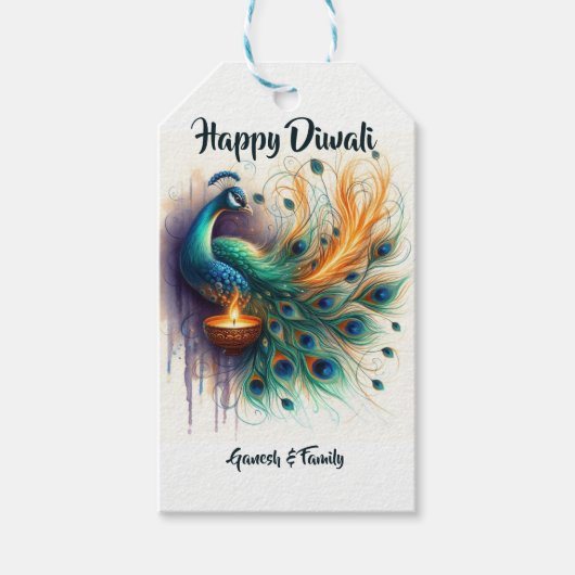 Elegante Pauw waterverf Diwali Cadeaulabel (Voorkant)
