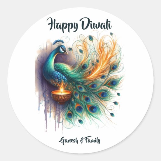Elegante Pauw waterverf Diwali Ronde Sticker (Voorkant)