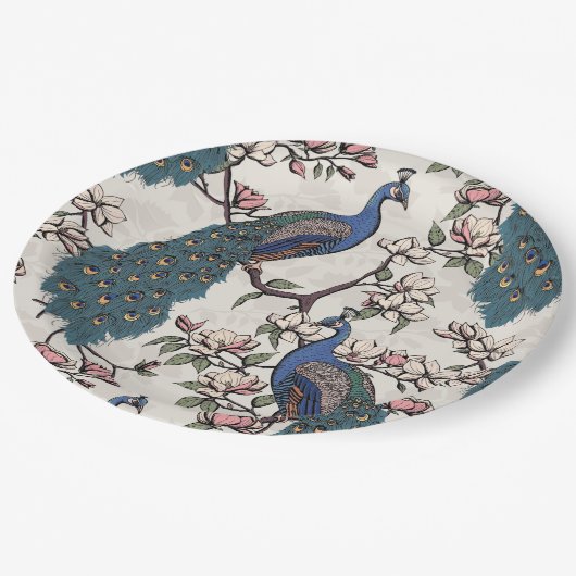Elegante pauwen en magnolia bloemen ivoor papieren bordje (Gekanteld)