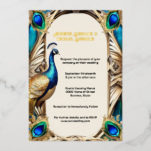 Elegante pauwenblauwe gouden veren 3D echt Folie Uitnodiging