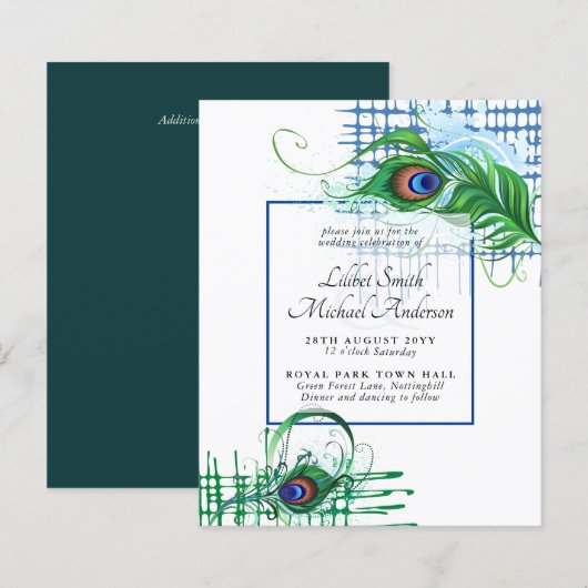 Elegante PAUwenveer Huwelijksuitnodiging BUDGET (Voorkant / Achterkant)