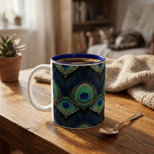 Elegante pauwenveerpatroon in diepe juweeltoon tweekleurige koffiemok