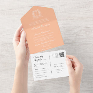 Elegante Peach Crest Line Art QR Code Foto All In One Uitnodiging