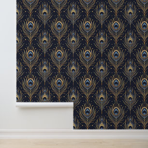 Elegante Peacock Feather Gold Blue Behang