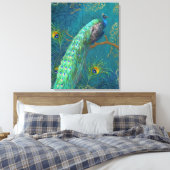 Elegante Peacock in veren op tak Schilderen Blauw Canvas Afdruk (Insitu (Slaapkamer))