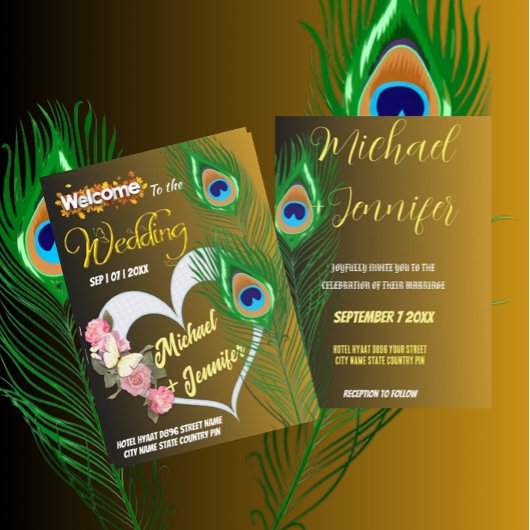 Elegante Peacock Veer & Roos Aangepaste Bruiloft Kaart