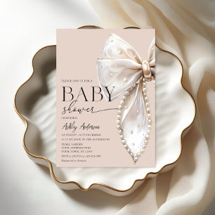 Elegante Pearl Bow Beige Neutraal Baby shower Kaart