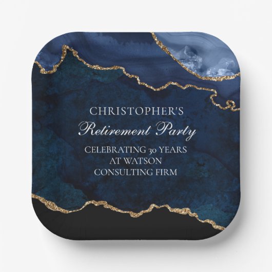 Elegante Pensioen Partij Marine Blauw Goud Agaat Papieren Bordje (Voorkant)