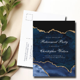 Elegante Pensioen Partij Marine Blauw Goud Agaat Uitnodiging Briefkaart