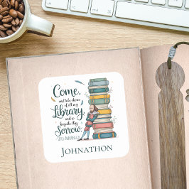 Elegante Persoonlijke Bibliotheek Botanische Quote Vierkante Sticker