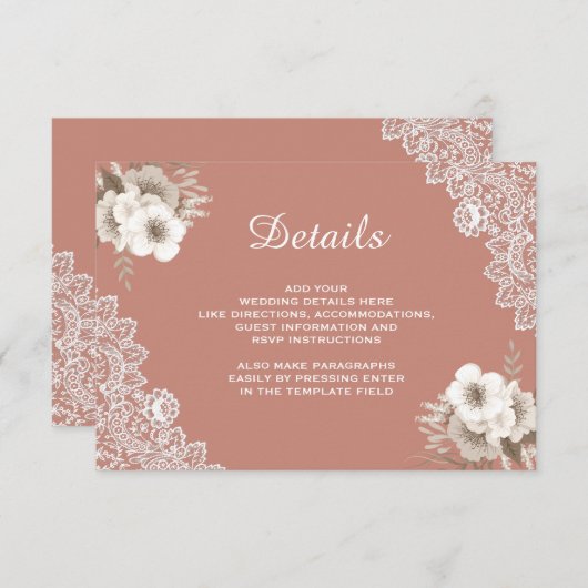 Elegante Perzik Bloemen Kant Bruiloft Details Informatiekaartje (Voorkant / Achterkant)