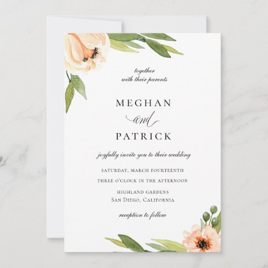 Elegante perzik bloemenbruiloft kaart (Voorkant)