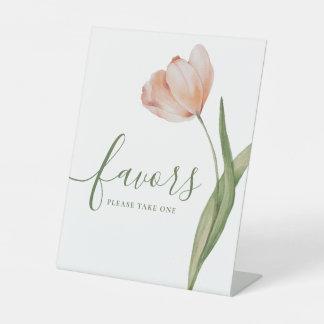 Elegante perzik bloemige waterverf tulp gunst reclamebord met voetstuk
