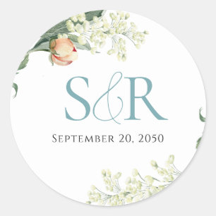 Elegante perzik bruiloft blauw Bloemen Custom Ronde Sticker