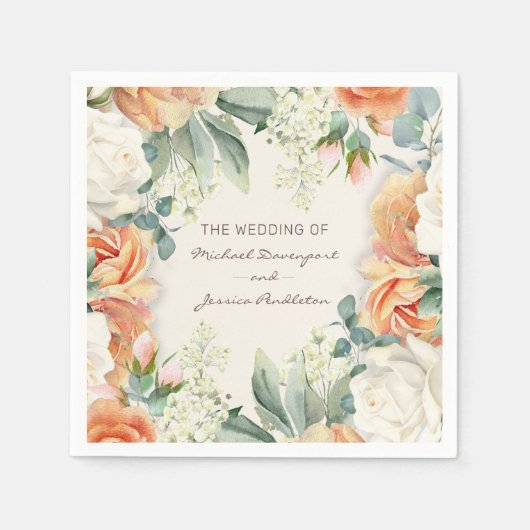 Elegante Perzik Cream Floral Eucalyptus Wedding Servet (Voorkant)