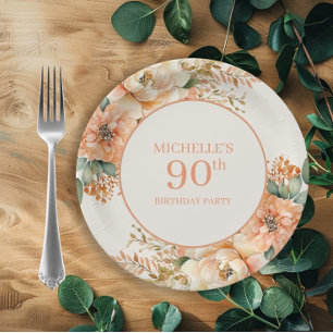 Elegante Perzik Crème Bloemen 90ste Verjaardag Papieren Bordje