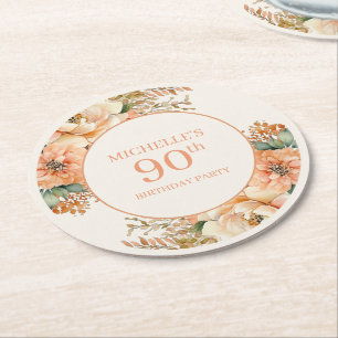 Elegante Perzik Crème Bloemen 90ste Verjaardag Ronde Kartonnen Onderzetter
