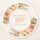 Elegante Perzik Crème Bloemen 90ste Verjaardag Ronde Kartonnen Onderzetter (Voorkant)