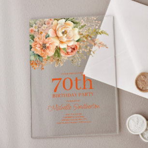 Elegante Perzik Crème Bloemige 70e Verjaardag Acryl Uitnodigingen