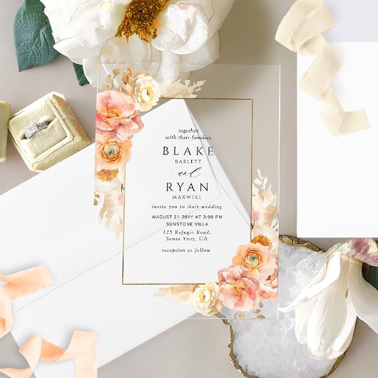 Elegante perzik, crème en gele bloemen bruiloft acryl uitnodigingen
