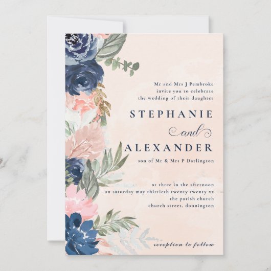 Elegante perzik en blauwe bloem formele bruiloft kaart (Voorkant)