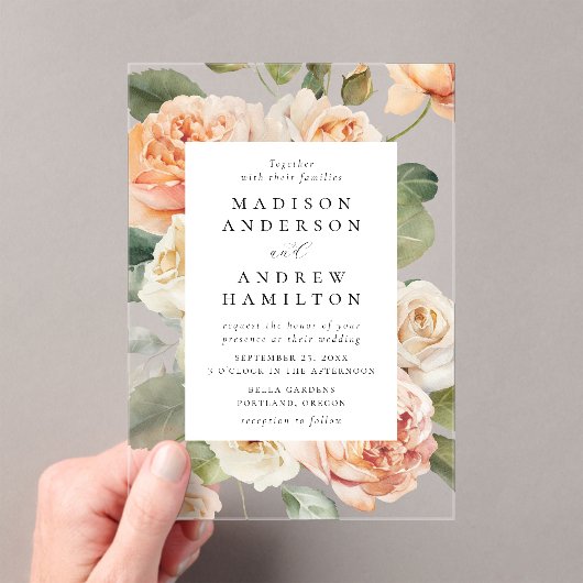 Elegante Perzik en Cream Roos Bruiloft Acryl Uitnodigingen (Insitu (Draagbaar))
