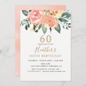 Elegante perzik en gouden bloem 60e verjaardag kaart (Voorkant / Achterkant)