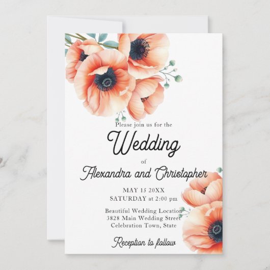 Elegante perzik en koraal papaver bloemenbruiloft kaart (Voorkant)