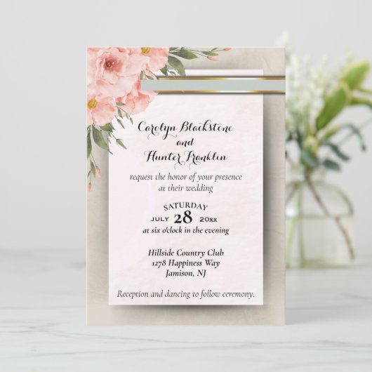 Elegante perzik en salie groene bruiloft uitnodigi save the date (Staand voorkant)