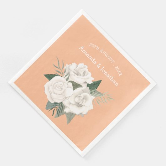Elegante Perzik Fuzz en Witte Rozen Bruiloft Servet (Hoek)