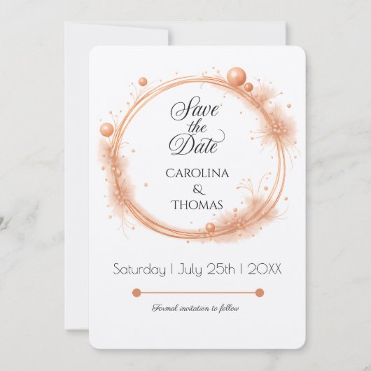 Elegante Perzik Glans Bruiloft Script Calligrafie Save The Date (Voorkant)