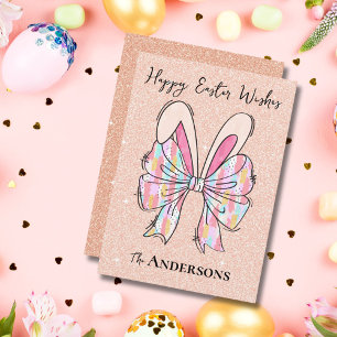 Elegante perzik glitter paashaas oren en boog feestdagenkaart