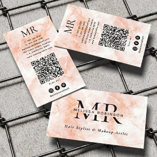 Elegante perzik marmer textuur monogram en QR-code Visitekaartje