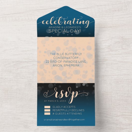 Elegante Perzik Oceanische Blauwe Bruiloft All In One Uitnodiging (Binnen)