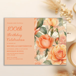 Elegante perzik-oranje bloemrozen 100e verjaardag uitnodiging briefkaart