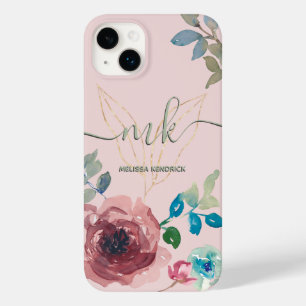 Elegante Perzik Roze Botanische Rozen Monogram Naa Case-Mate iPhone 14 Plus Hoesje