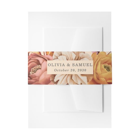 Elegante perzik roze bruin oranje bloemige trouw uitnodigingen wikkel (Voorkant Voorbeeld)