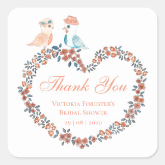Elegante Perzik Waterverf Liefdesvogel Bruiloftsdo Vierkante Sticker