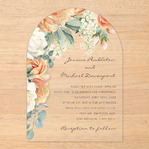 Elegante Perzik Witte Bloemige Eucalyptus Trouwboo Acryl Uitnodigingen