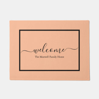 Elegante perzik zwart script familienaam welkom deurmat