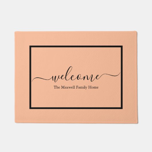Elegante perzik zwart script familienaam welkom deurmat (Voorkant)