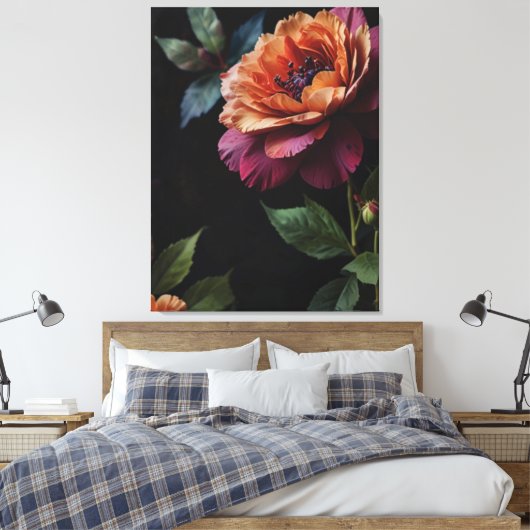Elegante  perzikkleurige rode bloemige moody boho canvas afdruk (Insitu (Slaapkamer))