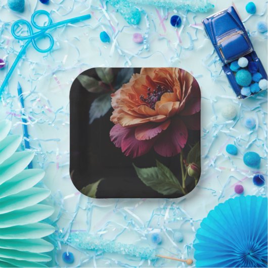 Elegante  perzikkleurige rode bloemige moody boho papieren bordje (Feest)