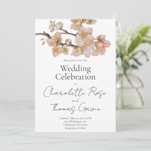 Elegante perzikkleurige roze waterverf bloemenbrui kaart (Staand voorkant)