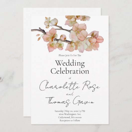 Elegante perzikkleurige roze waterverf bloemenbrui kaart (Voorkant / Achterkant)