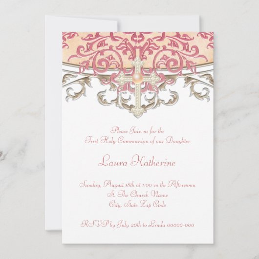 Elegante perzikkoraal eerste communie kaart (Voorkant)